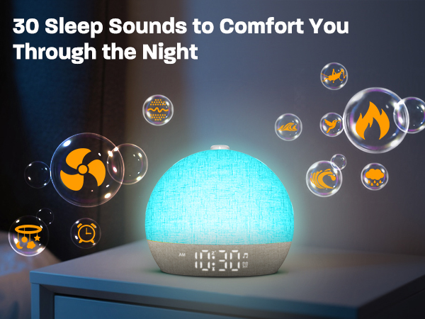 Text reads '30 Sleep Sounds to Comfort You Through the Night'. Digital alarm clock with glowing dome light surrounded by floating bubble icons containing sleep-related symbols.