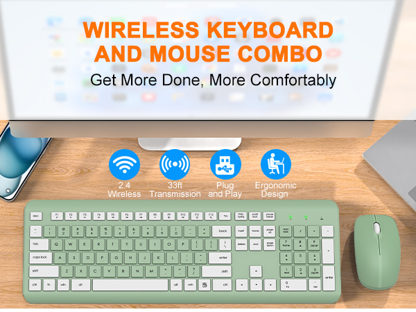 Wireless Keyboard and Mouse Combo, Full Size Silent Ergonomic Keyboard Mouse