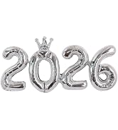 TONIFUL 2026 Silver Crown Foil Number Balloons 16 Inch Silver Number Banner 2026 Graduation Alumi...
