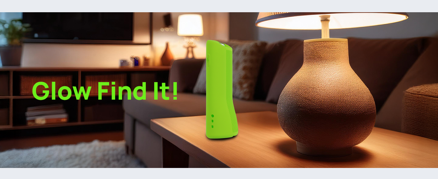 Remote case visible on table with glow feature for quick finding anytime