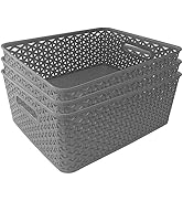 Rethink Your Room Set of 3 Large Plastic Open Storage Basket, 14 x 12 x 5 Inches, Durable Pantry ...
