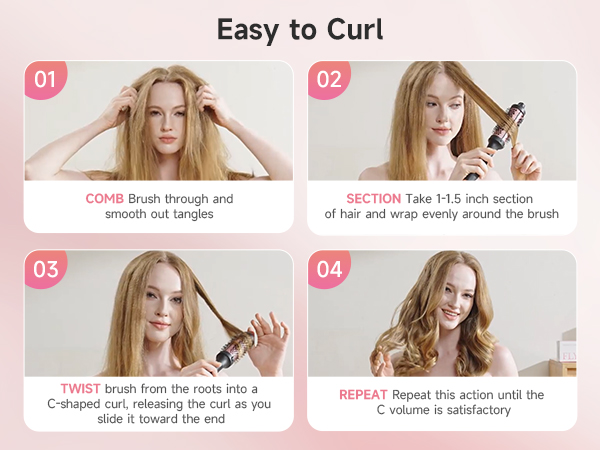 Create voluminous C-shaped curls in 4 easy steps: comb,section,twist,repeat with the thermal brush