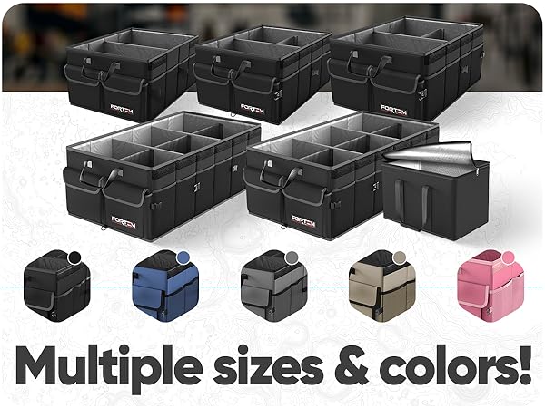 Sizes and colors for trunk organizer. 5 different colors, 5 sizes. wide range compartments