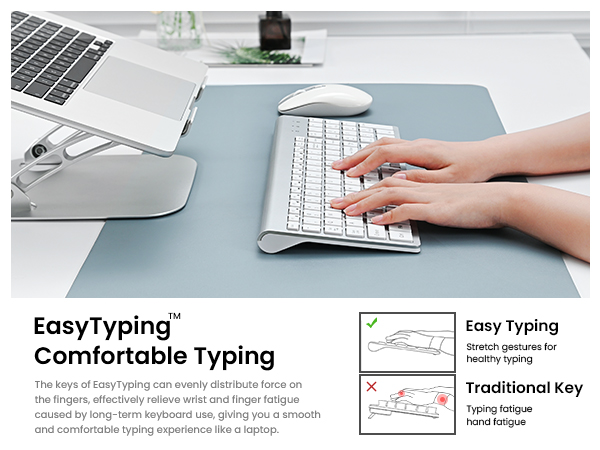 Ergonomic typing setup showing keyboard and wrist rest pad, with diagram illustrating proper hand positioning for comfortable typing.