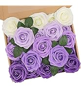 N&T NIETING Purple Roses Artificial Flowers 25Pcs Fake Flowers Foam Roses with Stems for DIY Wedd...