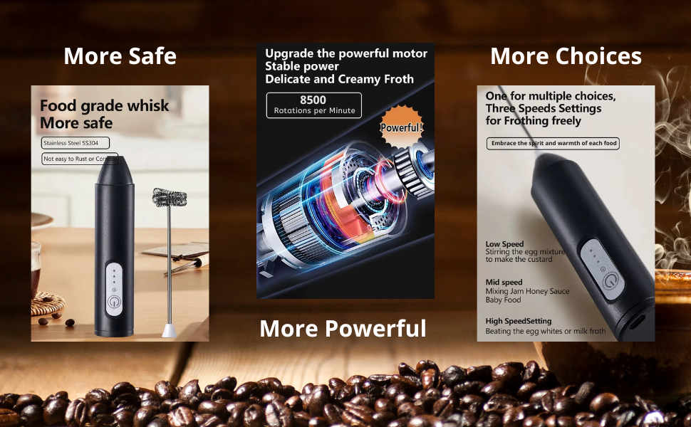 Rechargeable Milk Frother Handheld, Electric Drink Mixer, USB-C, Stainless Steel Whisk, Foam Maker