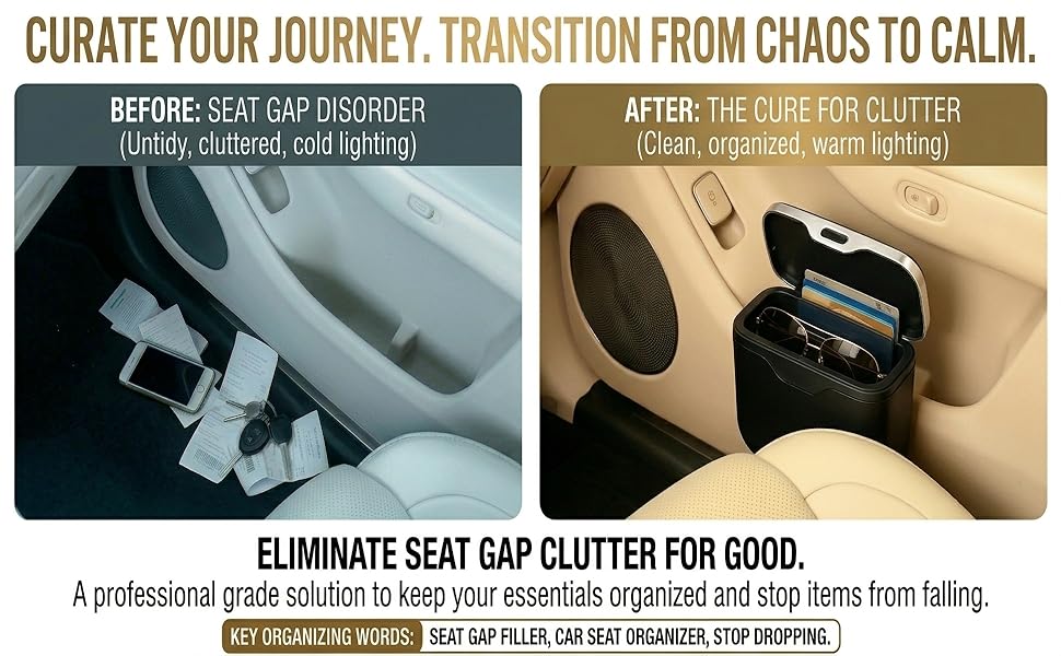 Car seat organizer eliminating passenger seat gap clutter and mess.