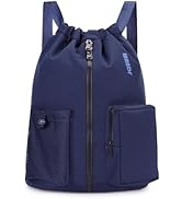 WANDF Drawstring Backpack Sports Gym Bag with Shoes Compartment, Water-Resistant String Beach Sac...