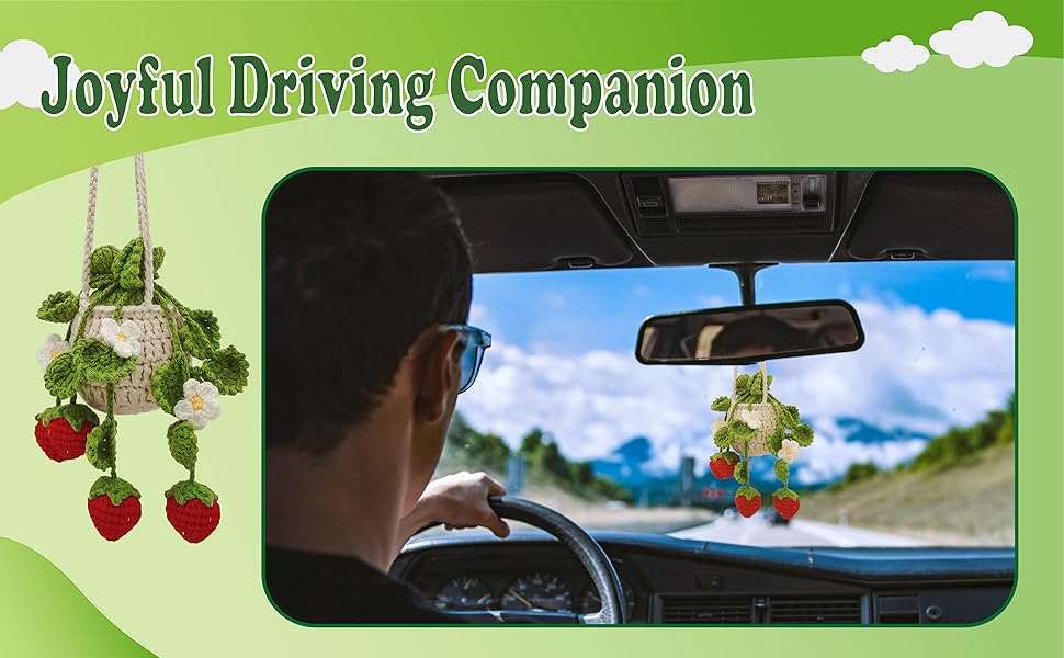 While driving, he hums, cheered by the crochet hanging plant on the rearview mirror.