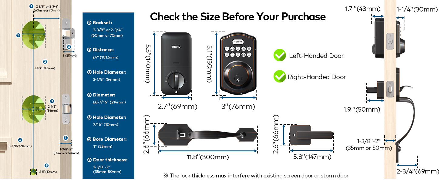 it fits doors with 54 mm door holes, 60/70 mm backset, and 35–50 mm door thickness
