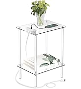 Eglaf Acrylic End Table with Charging Station - Clear Nightstand with USB Ports and Outlets - 2 T...
