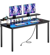 Need 60 inch Computer Desk with LED Lights &amp; Power Outlets, Large Home Desk with Monitor Shelf, W...