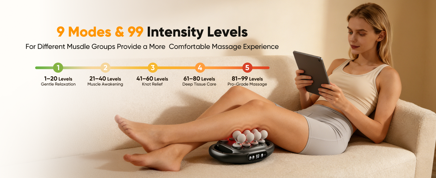 Massage gun with 9 modes and 99 intensity levels for leg muscle massage and relaxation.