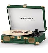 MANGOSTAN 3-Speed Bluetooth Record Player, Vintage Dark Green PU Leather Suitcase Turntable with ...