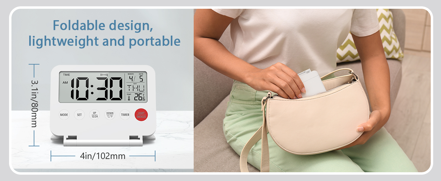 Digital Travel Alarm Clock, Large LCD Display Small Alarm Clock with Temperature, 12/24H, Desk Clock