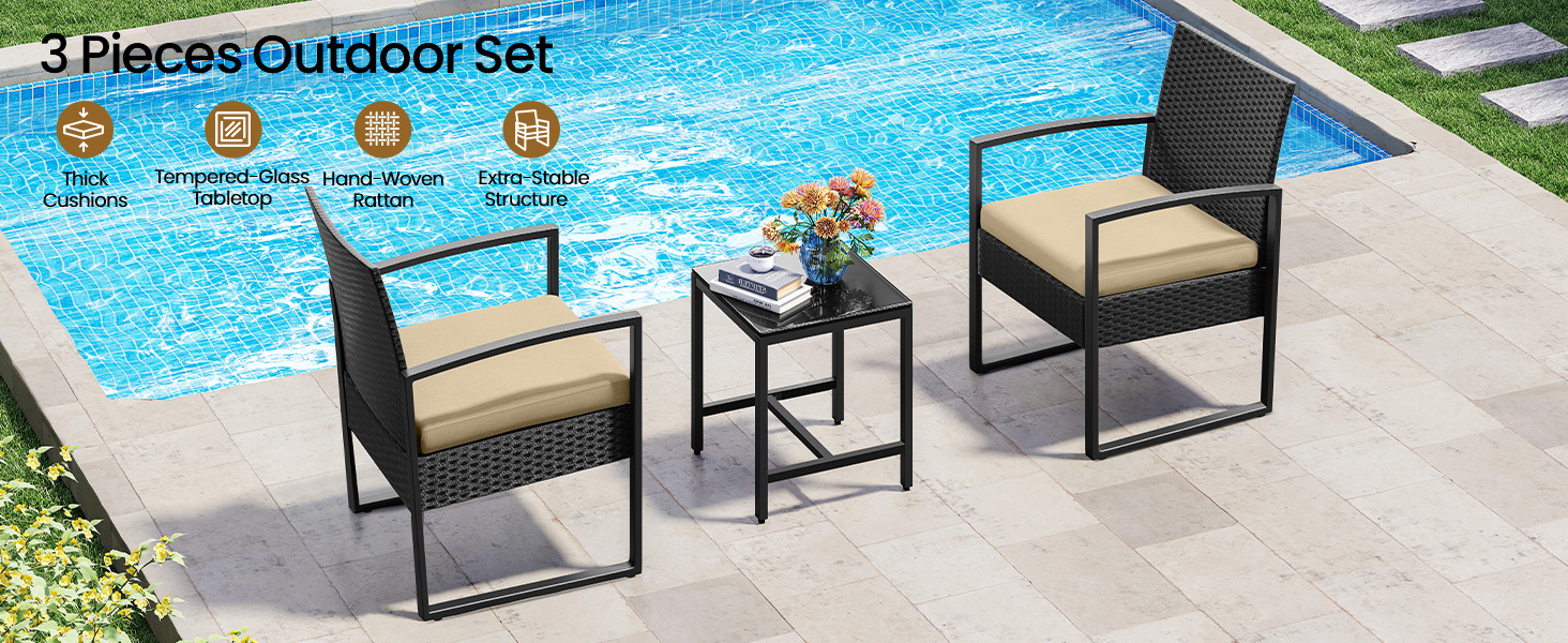  3-Piece Patio Set Rattan Chairs &amp; Table 
