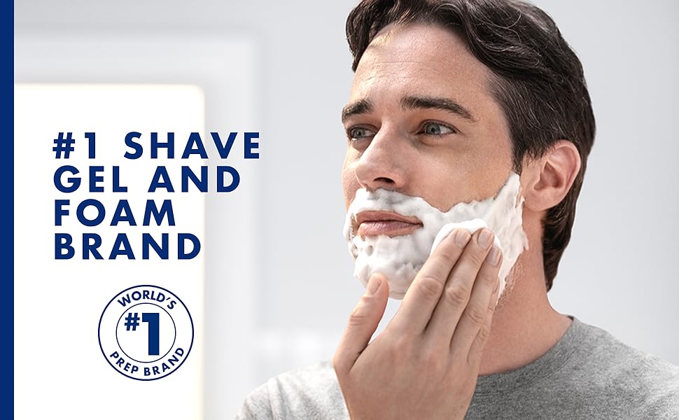 A man shaving his face with a Gillette Fusion Pro sensitive cooling shave gel.