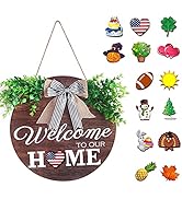DOORTOME Interchangeable Welcome Sign for Front Door Decor, Seasonal Wood Round Door Wreath with ...