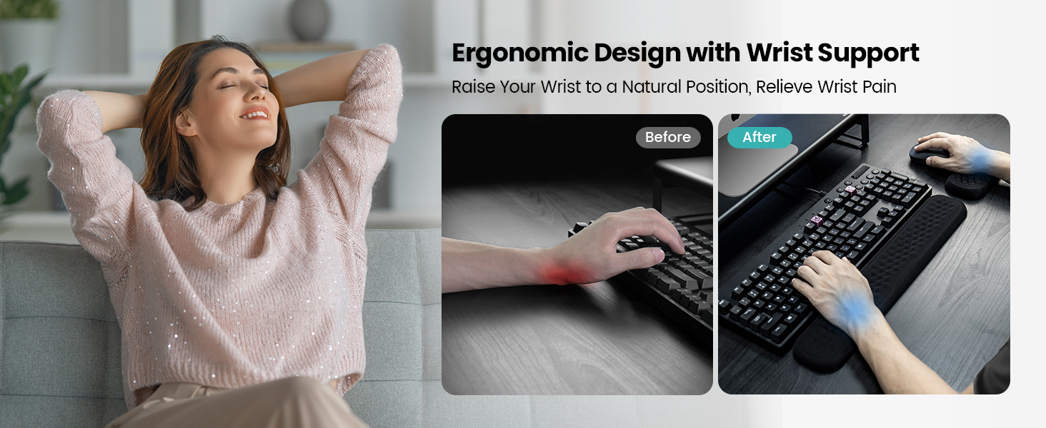 Ergonomic keyboard with wrist support. Three images show person stretching, close-up of wrist rest, and hand positioning on keyboard.