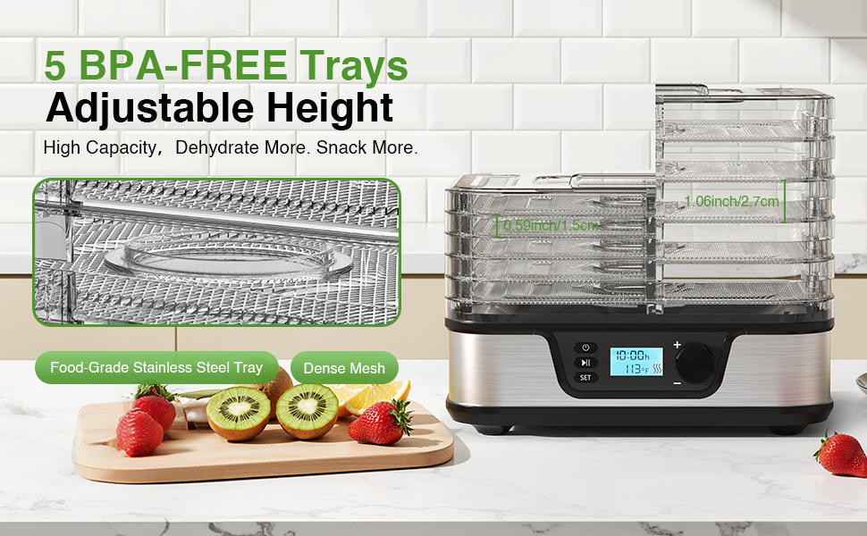 The food dehydrator offers a large capacity and adjustable height settings.