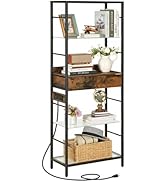 HOOBRO 5-Tier Bookshelf with Drawer, Tall Bookcase with Charging Station, Standing Storage Shelf ...