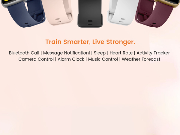 Text reads 'Bluetooth Call | Message Notification | Sleep | Heart Rate | Activity Tracker'. Row of smartwatch bands in various colors including blue, white, burgundy.