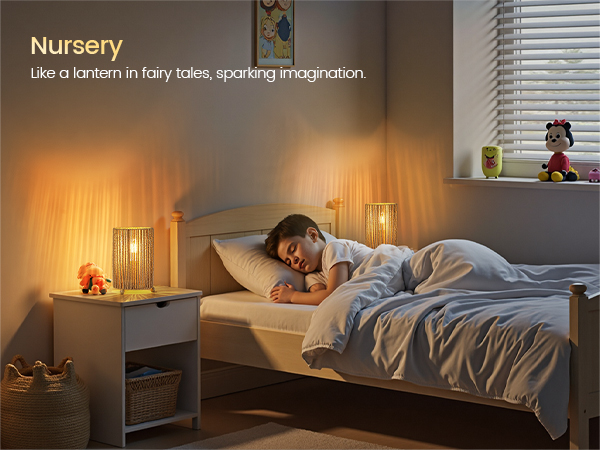 Text reads 'Nursery'. Series of interior bedroom scenes showing warm, ambient lighting conditions at different times of day.