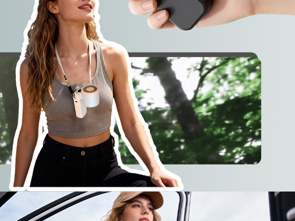 Person wearing white pendant necklace with small rectangular container, paired with sleeveless crop top and black pants in outdoor setting.