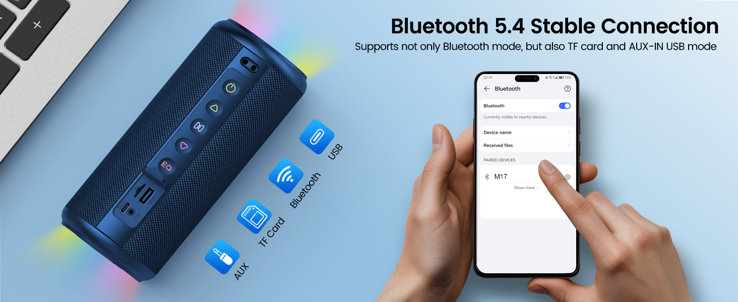 Text reads 'Bluetooth 5.4 Stable Connection'. Digital interface screens showing smartphone app connectivity features and controls against blue background.