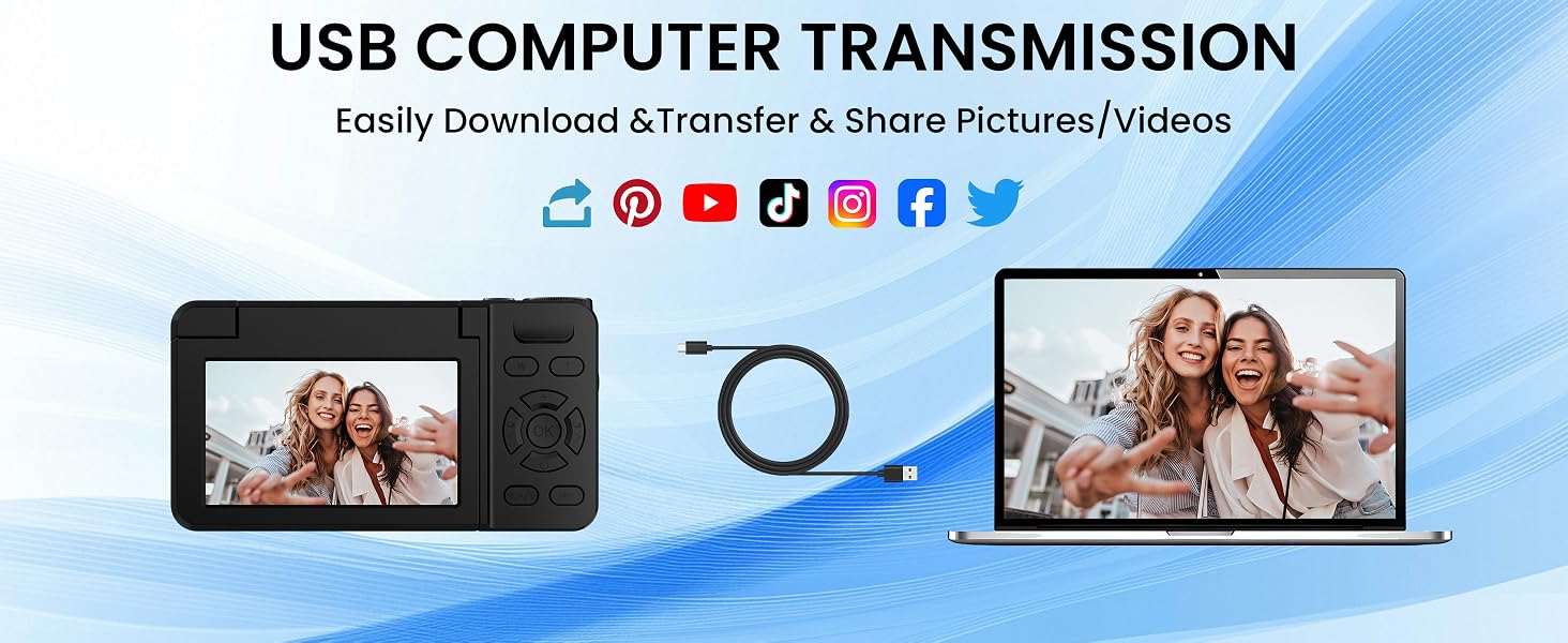 Text reads "USB COMPUTER TRANSMISSION" and "Easily Download &amp; transfer &amp; share Pictures/Videos". Device with USB cable connecting to laptop displaying family photo, demonstrating file transfer functionality.