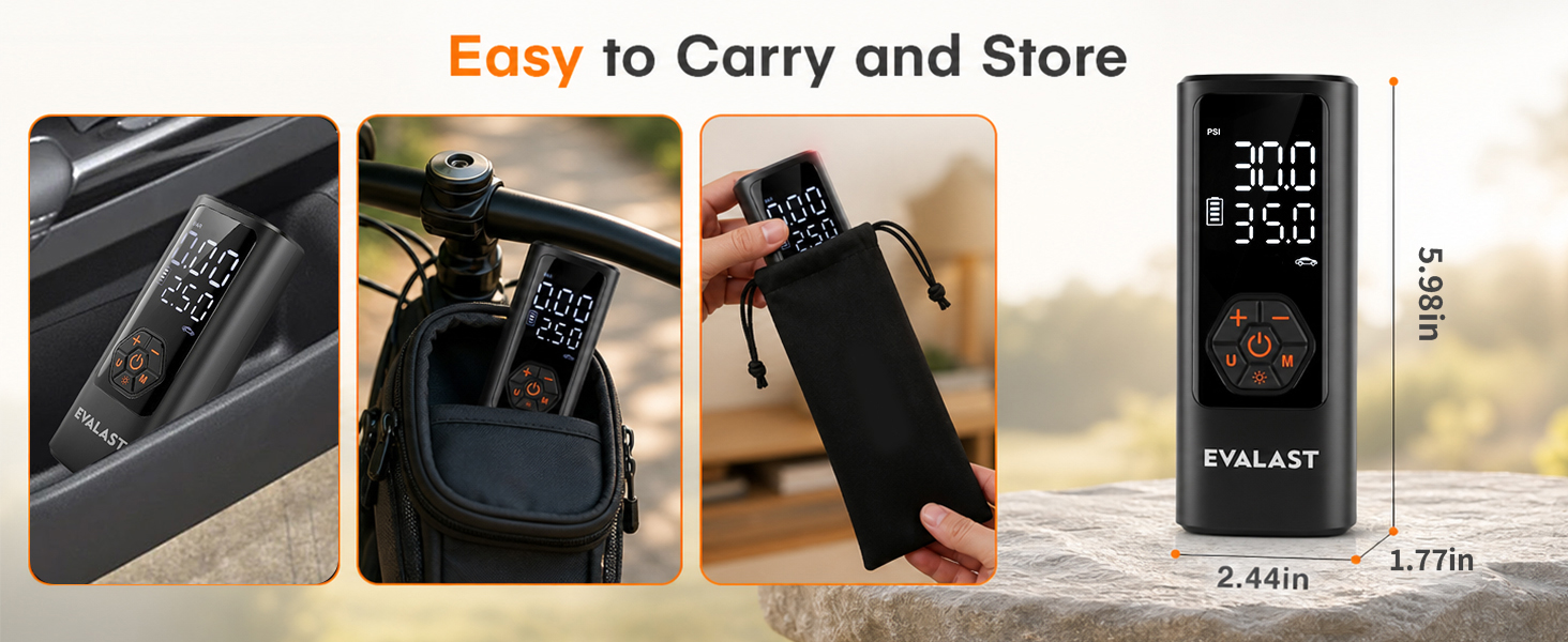 Compact EVALAST tire inflator stored in a car console, bike bag and included storage pouch.