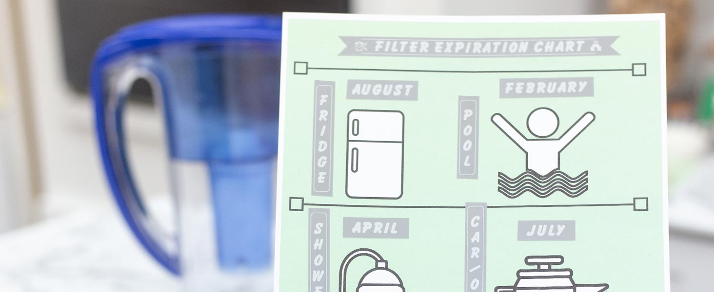 Filter Expiration Chart printout with filter locations (fridge, shower, pool) and months to replace