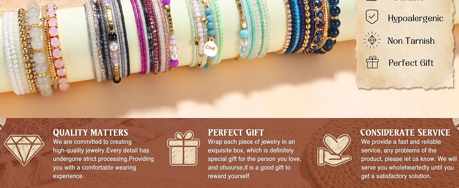 Bohemian Stackable Bead Bracelets for Women Stretch Bohemian Style Multilayered Boho Bracelet