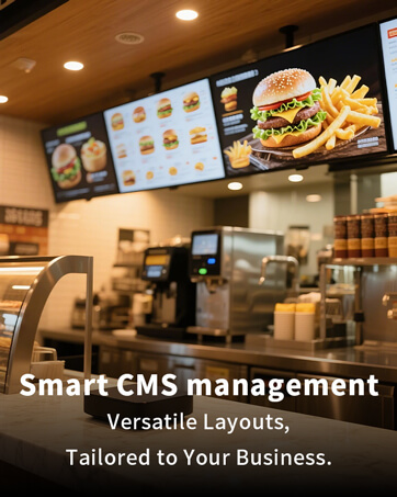 Fast food restaurant interior with digital menu boards displaying burgers and fries. Counter area visible with drink dispensers and payment terminals. Text overlay promoting CMS management software.