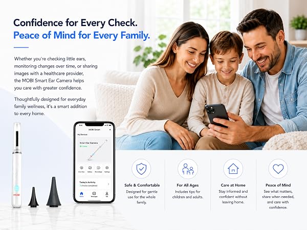 MOBI Ear Camera with a family reviewing images on the smartphone app for everyday home wellness.