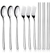 IQCWOOD Spoons and Forks Flatware Set, 3 Pairs Chopsticks Forks and Spoons Silverware Korean Uten...