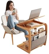 AQIMUELE Rolling Side Table, C Shaped End Table, C Table with 4 Wheels Solid Wood Small Rolling D...
