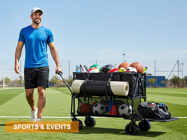 Collapsible sports wagon for soccer games and stadium events fits folding chairs and coolers