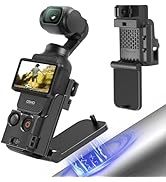 Handheld camera gimbal with rotating camera, touchscreen display, and control buttons. Includes detachable phone mount and folding base stand. Brand name 'Osmo' visible on device.