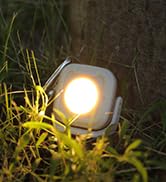 Small, cube-shaped outdoor light fixture with a warm glow, placed on the ground among grass and plant foliage at night.