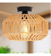 DRAWNCAT 12.5 Inch Boho Flush Mount Ceiling Light - Handwoven Rattan &amp; Hemp Shade, Warm White 300...