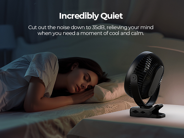 Black oscillating fan next to sleeping person in darkened room. Text overlay: 'Incredibly Quiet' and '35dB noise reduction for calm moments.'