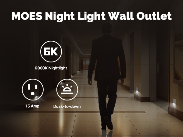 A person walks safely in a dark hallway, guided by the MOES 15A outlet's automatic 6000K light.