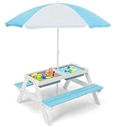 HONEY JOY Kids Picnic Table, 4 in 1 Cedar Wooden Sand &amp; Water Table w/ 2 Removable Box &amp; Umbrella...