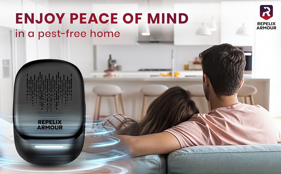 Text reads 'ENJOY PEACE &amp; MIND' and 'in a pest-free home'. Marketing images showing smart home device in different interior settings.
