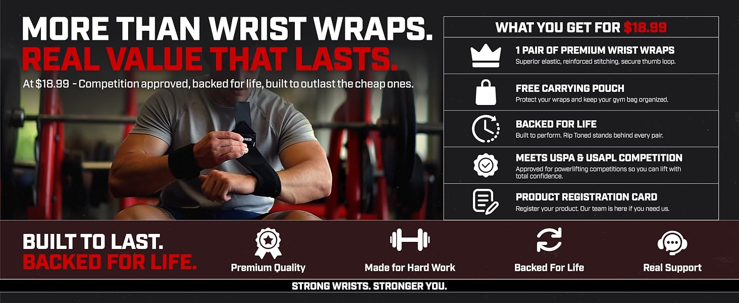 Rip Toned wrist wraps value - 1 pair, carrying pouch, backed for life, USPA approved for $18.99