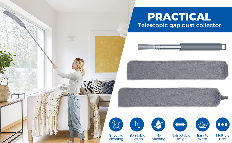 Retractable Gap Dust Cleaner Cleaning Tools with 2 Microfiber Dusting Cloths Long Handle Washable