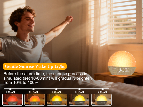 Text reads 'Bedside the alarm clock, the wireless speaker...' Person adjusting yellow smart lamp in bedroom with sunrise lighting and additional color options shown below.