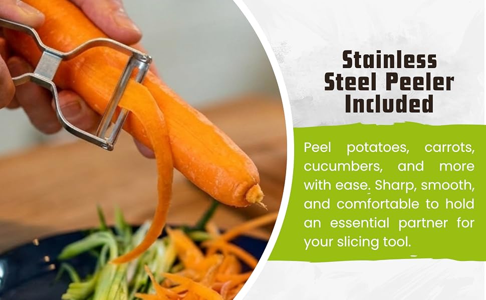 Bonus stainless steel peeler peeling a carrot.
