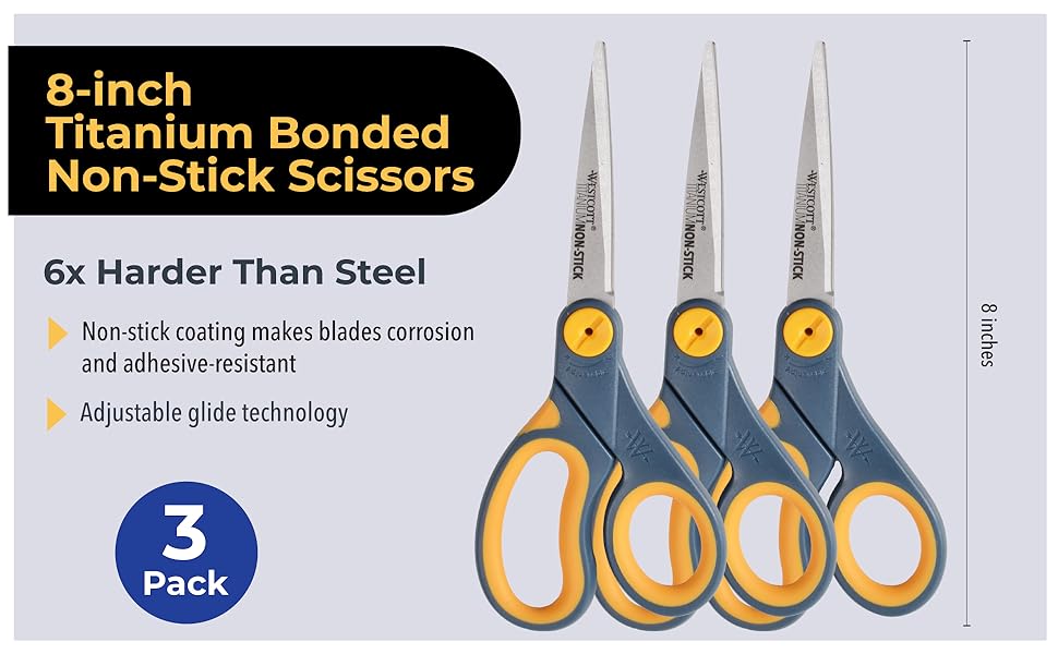 Image of 3 pack of office scissors with text reading 8 inch titanium bonded non stick scissors.